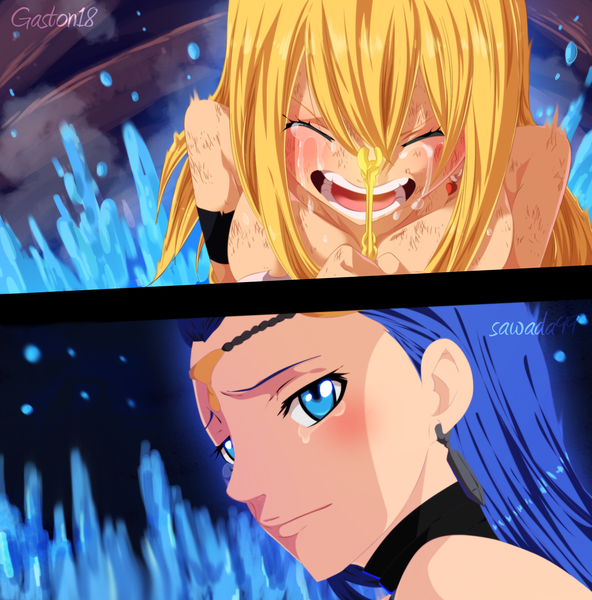 Anime picture 1578x1600 with fairy tail lucy heartfilia aquarius (fairy tail) tongasart sawada99 long hair tall image blush blue eyes light erotic blonde hair multiple girls blue hair eyes closed tears coloring close-up multiview crying manga
