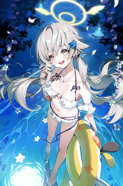 Anime picture 3307x5021 with blue archive hifumi (blue archive) hifumi (swimsuit) (blue archive) akizero1510 single long hair tall image blush highres breasts open mouth light erotic twintails absurdres silver hair full body :d low twintails official alternate costume girl