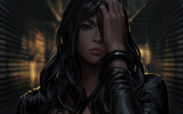 Anime picture 4096x2560 with original guweiz single long hair looking at viewer fringe highres black hair absurdres upper body outdoors arm up lips black eyes blurry realistic depth of field hand on face girl bracelet