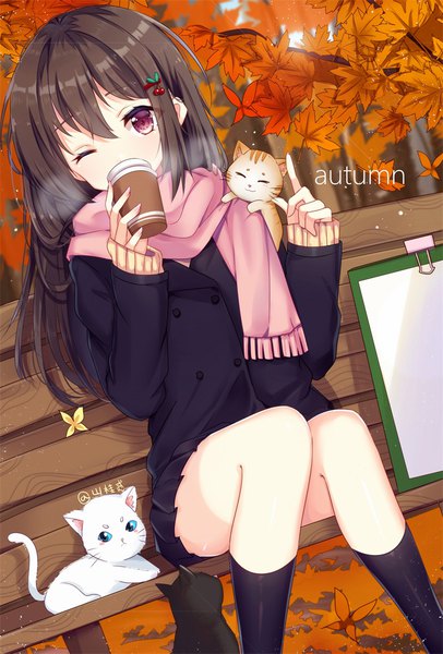 Anime picture 744x1098 with original shanguier single long hair tall image black hair sitting purple eyes one eye closed text english animal on shoulder girl skirt miniskirt animal socks scarf leaf (leaves) black socks