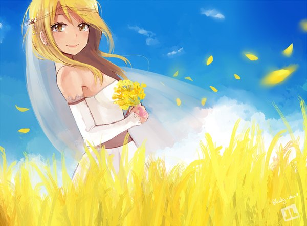 Anime picture 800x589 with fairy tail lucy heartfilia bludy-chu single long hair looking at viewer fringe blonde hair standing bare shoulders holding sky cloud (clouds) looking back wind alternate costume field girl hair ornament flower (flowers)