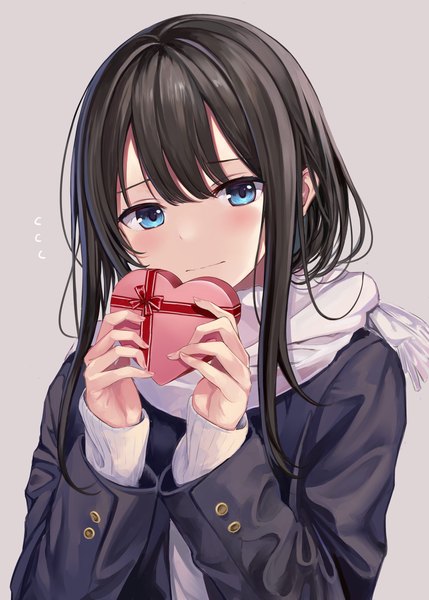Anime picture 2590x3624 with original nagiha kuten single long hair tall image looking at viewer blush highres blue eyes black hair simple background upper body grey background valentine flying sweatdrops girl heart scarf gift gift box