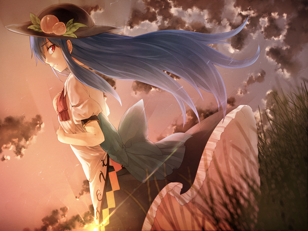Anime picture 1200x900 with touhou hinanawi tenshi ibuki notsu single long hair red eyes blue hair sky cloud (clouds) looking back evening sunset twilight girl dress bow plant (plants) hat leaf (leaves) grass