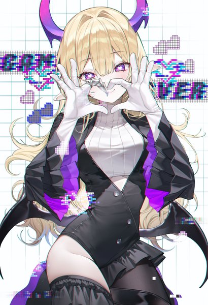 Anime picture 2796x4096 with legendary sword rabbi (legendary sword) kinty single long hair tall image looking at viewer fringe highres light erotic blonde hair smile hair between eyes purple eyes horn (horns) pointy ears symbol-shaped pupils heart-shaped pupils heart hands girl