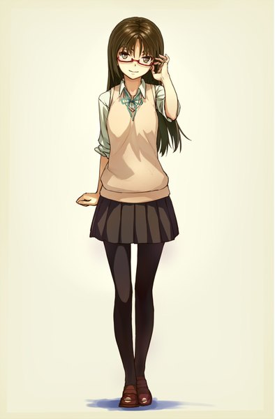 Anime picture 1412x2149 with original jinyuan712 single long hair tall image looking at viewer fringe simple background smile brown hair brown eyes full body grey background adjusting glasses girl uniform school uniform pantyhose glasses shoes