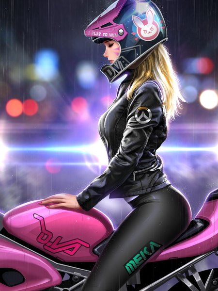 Anime picture 3000x4000 with overwatch blizzard entertainment d.va (overwatch) liang xing single long hair tall image highres blonde hair sitting eyes closed nail polish profile lips blurry realistic arm support depth of field character names lipstick