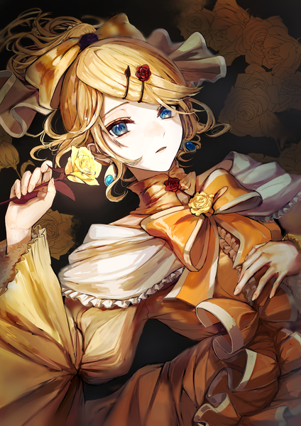 Anime picture 2896x4096 with vocaloid evillious nendaiki aku no musume (vocaloid) kagamine rin pipi single tall image looking at viewer highres short hair blue eyes blonde hair ponytail girl dress flower (flowers) bow hair bow earrings rose (roses)