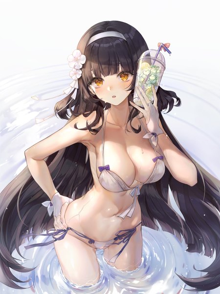 Anime picture 3000x4000 with girls frontline type 95 (girls frontline) type 95 (summer cicada) (girls frontline) minncn single tall image looking at viewer blush highres breasts open mouth light erotic black hair standing bare shoulders holding yellow eyes cleavage very long hair hair flower