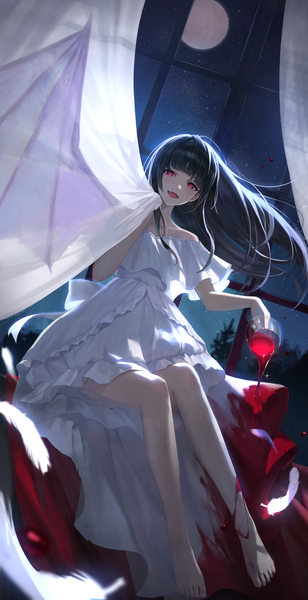 Anime-Bild 2519x4913 mit original aimitkkays single long hair tall image fringe highres red eyes sitting full body blunt bangs barefoot bare legs from below fang (fangs) vampire bloody clothes pouring single wing girl
