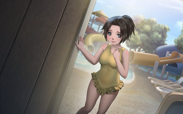 Anime picture 2400x1500 with love convention tania (love convention) mawa setiawan single highres short hair brown hair brown eyes game cg lipstick girl swimsuit one-piece swimsuit