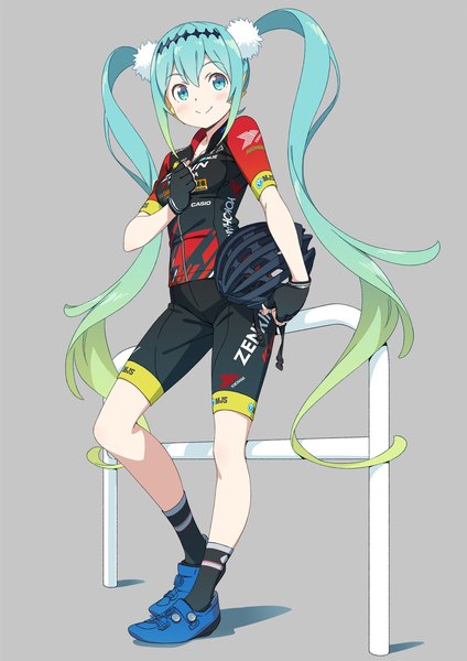 Anime picture 1500x2121 with vocaloid goodsmile racing hatsune miku racing miku kanzaki hiro single tall image fringe breasts simple background hair between eyes standing twintails payot full body very long hair multicolored hair aqua eyes green hair aqua hair