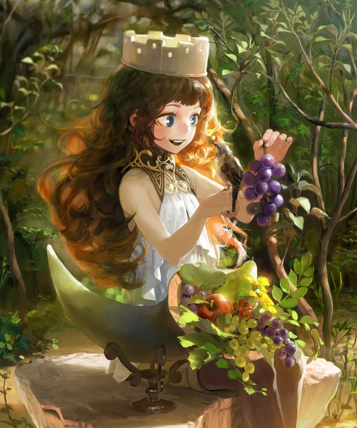 Anime picture 1666x2000 with original attall single long hair tall image fringe open mouth blue eyes smile brown hair sitting bare shoulders holding looking away horn (horns) sunlight wavy hair girl thighhighs dress