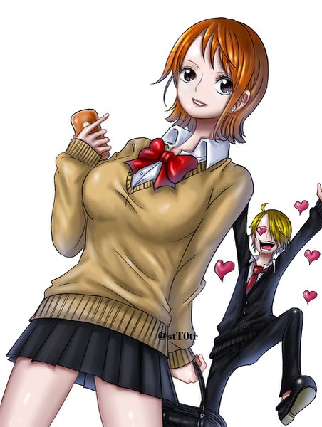 Anime picture 905x1200 with one piece toei animation nami (one piece) sanji stt0tr tall image fringe short hair breasts open mouth simple background blonde hair smile hair between eyes standing white background signed payot ahoge parted lips