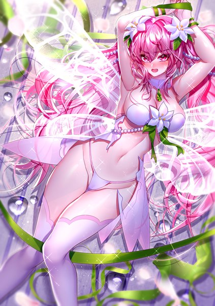 Anime picture 3307x4685 with elsword elesis (elsword) been single long hair tall image looking at viewer blush fringe highres breasts open mouth light erotic hair between eyes large breasts pink hair absurdres cleavage lying head tilt