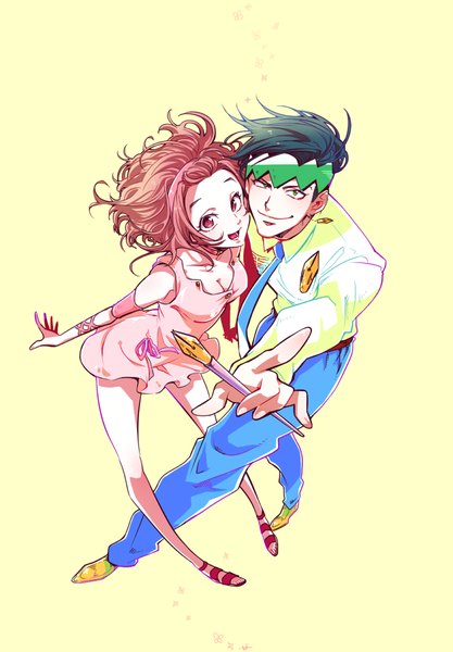 Anime picture 700x1007 with jojo no kimyou na bouken kishibe rohan sugimoto reimi matcha cream v tall image looking at viewer short hair open mouth black hair simple background smile brown hair brown eyes green eyes cleavage full body from above couple outstretched arm yellow background