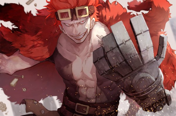 Anime picture 1200x795 with one piece toei animation eustass kid kieshi heta single looking at viewer short hair smile upper body red hair lipstick scar muscle red lipstick clothes on shoulders goggles on head abs mechanical arms boy belt