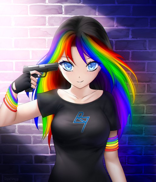 Anime picture 687x800 with original gigamessy single long hair tall image looking at viewer blush fringe breasts blue eyes black hair smile standing holding signed upper body nail polish multicolored hair streaked hair light