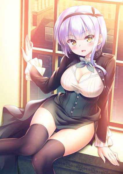 Anime picture 1063x1500 with original yuurei yashiki single tall image looking at viewer blush fringe short hair breasts open mouth light erotic sitting yellow eyes cleavage silver hair indoors long sleeves :d arm up sunlight