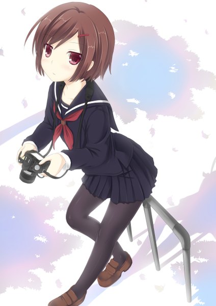 Anime picture 1754x2480 with original mizunashi kenichi single tall image blush highres short hair red eyes brown hair pleated skirt from above shadow looking up girl skirt hair ornament miniskirt serafuku shoes hairclip