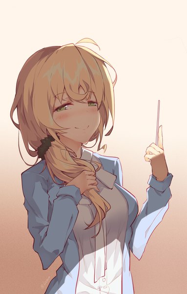 Anime picture 2241x3508 with new horizon ellen baker litsvn single long hair tall image looking at viewer blush fringe highres breasts simple background blonde hair smile holding green eyes signed upper body ahoge twitter username