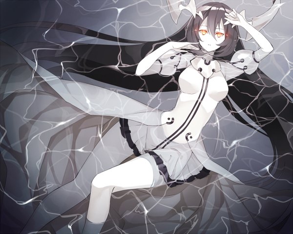 Anime picture 1500x1200 with kantai collection anchorage water oni akami fumio single long hair looking at viewer fringe breasts black hair hair between eyes payot bent knee (knees) lying pleated skirt from above short sleeves on back orange eyes partially submerged glowing