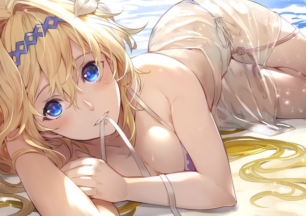 Anime picture 3541x2507 with granblue fantasy jeanne d'arc (granblue fantasy) kakage single long hair looking at viewer blush fringe highres breasts blue eyes light erotic blonde hair hair between eyes absurdres cleavage outdoors lying hair flower beach