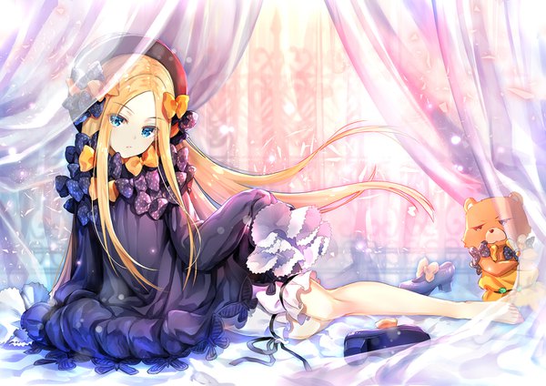 Anime picture 1414x1000 with fate (series) fate/grand order abigail williams (fate) orion (fate/grand order) suishougensou single long hair looking at viewer blue eyes blonde hair sitting full body long sleeves barefoot arm support floating hair shoes removed girl dress bow