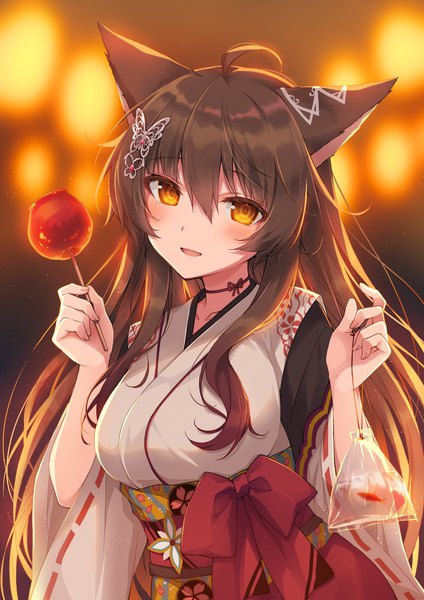 Anime picture 1013x1433 with virtual youtuber nijisanji fumi (nijisanji) 2980 single long hair tall image looking at viewer blush fringe open mouth hair between eyes brown hair animal ears upper body ahoge traditional clothes :d japanese clothes orange eyes