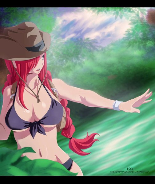 Anime picture 890x1058 with fairy tail erza scarlet the103orjagrat single long hair tall image fringe open mouth light erotic brown eyes sky cloud (clouds) red hair hair over one eye coloring letterboxed girl swimsuit plant (plants) hat