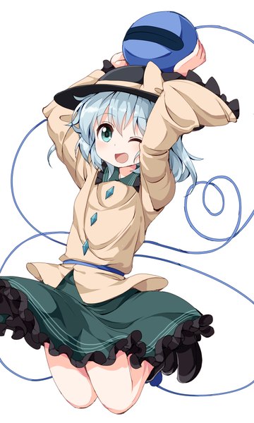 Anime picture 600x1000 with touhou komeiji koishi ruu (tksymkw) single tall image blush short hair open mouth simple background white background looking away silver hair one eye closed aqua eyes arms up jumping heart of string girl skirt hat