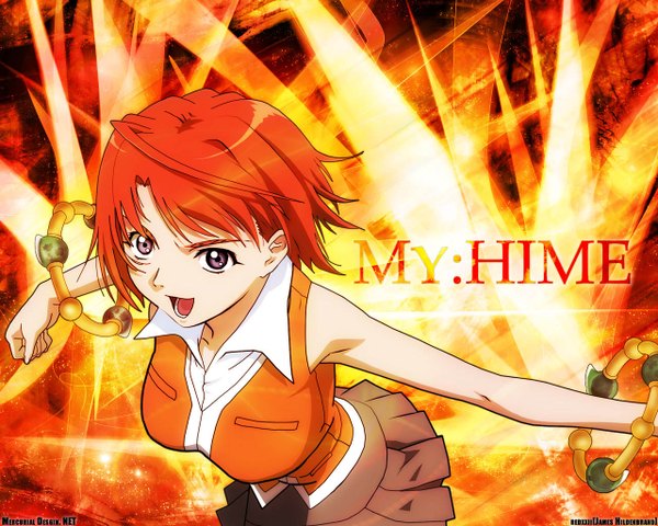 Anime picture 1280x1024 with mai hime sunrise (studio) tokiha mai james hildenbrand (redxxii) hisayuki hirokazu single looking at viewer short hair open mouth purple eyes signed :d pleated skirt orange hair copyright name spread arms third-party edit girl skirt miniskirt