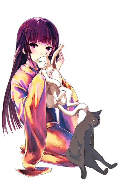 Anime picture 544x800 with original iori (cpeilad) single long hair tall image looking at viewer blush simple background white background sitting purple eyes holding purple hair traditional clothes japanese clothes wide sleeves girl animal kimono cat