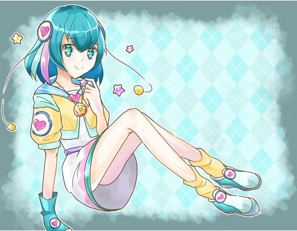 Anime picture 962x748 with precure star twinkle precure toei animation hagoromo lala niyoron single looking at viewer blush fringe short hair light erotic simple background smile hair between eyes sitting full body aqua eyes aqua hair arm support bare legs