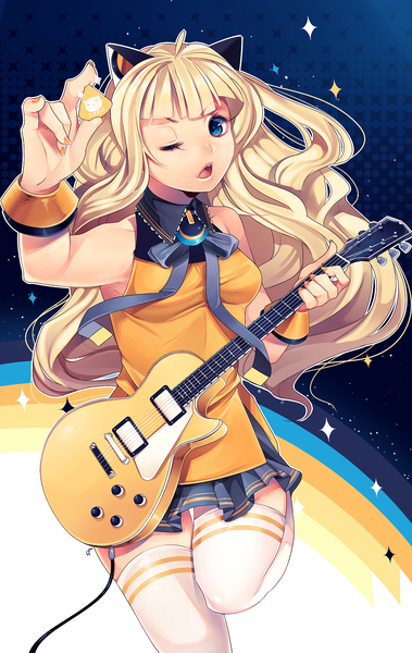 イラスト 1139x1800 と ボーカロイド seeu loyproject ソロ 長髪 長身像 カメラ目線 前髪 開いた口 青い目 金髪 獣耳 nail polish one eye closed fingernails ウィンク orange nail polish 女の子 ストッキング 白いストッキング