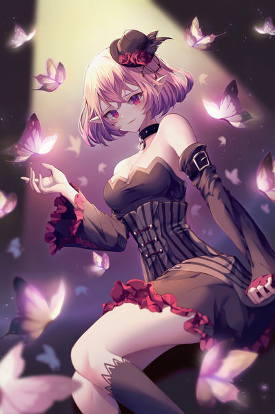 Anime picture 1864x2800 with maplestory lucid (maplestory) minyumim single tall image looking at viewer blush fringe highres short hair breasts hair between eyes bare shoulders pink hair cleavage bent knee (knees) pink eyes light smile pointy ears wide sleeves