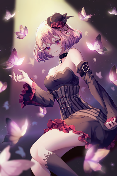 Anime-Bild 1864x2800 mit maplestory lucid (maplestory) minyumim single tall image looking at viewer blush fringe highres short hair breasts hair between eyes bare shoulders pink hair cleavage bent knee (knees) pink eyes light smile pointy ears wide sleeves