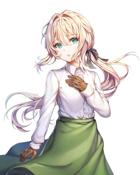 Anime picture 700x873 with violet evergarden kyoto animation violet evergarden (character) roang single long hair tall image fringe simple background blonde hair hair between eyes white background signed looking away aqua eyes wind hand on chest low ponytail girl skirt