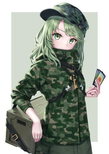 Anime picture 1302x1842 with touhou yamashiro takane torinari (dtvisu) single long hair tall image looking at viewer simple background standing holding green eyes upper body green hair border covered mouth outside border green background camouflage girl hat