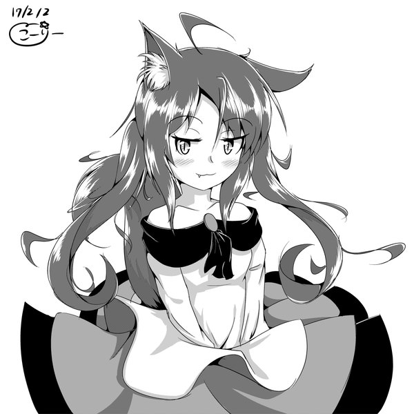 Anime picture 4961x4961 with touhou imaizumi kagerou coreytaiyo single long hair blush highres simple background white background signed animal ears looking away absurdres ahoge off shoulder fang (fangs) dated monochrome slit pupils wolf ears
