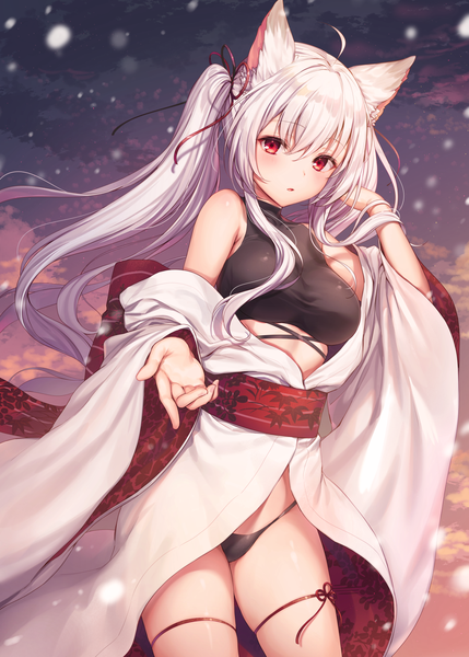 Anime picture 1329x1860 with original komeshiro kasu single long hair tall image looking at viewer blush fringe breasts light erotic hair between eyes red eyes standing twintails bare shoulders animal ears payot silver hair ahoge outdoors