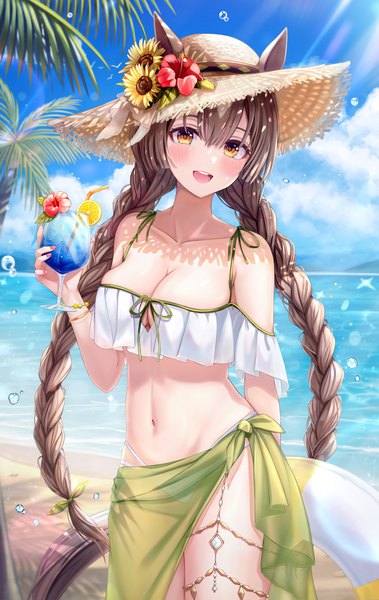 Anime picture 1979x3133 with umamusume satono diamond funii single long hair tall image looking at viewer blush fringe highres breasts open mouth light erotic smile hair between eyes brown hair large breasts standing holding brown eyes