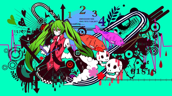 Anime picture 1692x951 with vocaloid hatsune miku long hair red eyes wide image twintails green hair girl skirt detached sleeves miniskirt necktie fish (fishes) skull bandaid arrow (arrows)