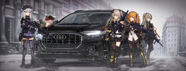 Anime picture 3000x1153 with girls frontline audi hk416 (girls frontline) ump45 (girls frontline) ump9 (girls frontline) g11 (girls frontline) ump40 (girls frontline) baek hyang long hair looking at viewer fringe highres open mouth smile hair between eyes brown hair wide image standing multiple girls holding