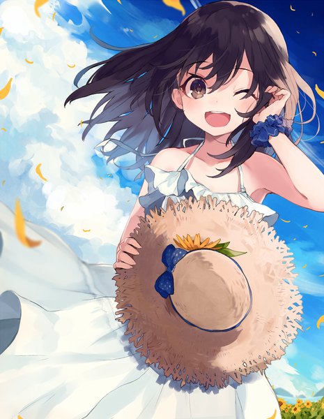 Anime picture 700x903 with original shugao single long hair tall image looking at viewer blush fringe open mouth black hair smile hair between eyes standing holding sky cloud (clouds) outdoors :d one eye closed wind