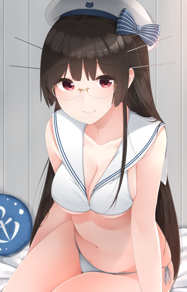 Anime picture 2000x3117 with kantai collection choukai heavy cruiser yukichi (sukiyaki39) single long hair tall image looking at viewer highres breasts light erotic black hair smile red eyes girl navel underwear panties hat glasses sailor hat