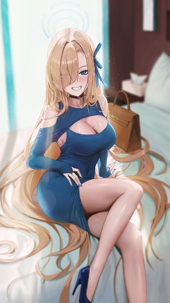 Anime picture 1782x3168 with blue archive asuna (blue archive) fieryonion single tall image looking at viewer blush fringe highres blue eyes light erotic blonde hair smile sitting bare shoulders cleavage bent knee (knees) indoors very long hair nail polish