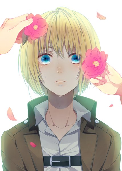 Anime-Bild 2122x2976 mit shingeki no kyojin production i.g armin arlert xxxxxymdy single tall image looking at viewer fringe highres short hair blue eyes simple background blonde hair white background tears open collar crying boy flower (flowers) petals