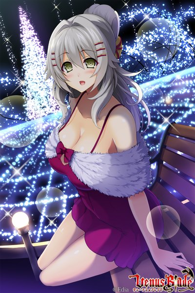 Anime picture 1280x1920 with venus blade hisenkaede single long hair tall image looking at viewer blush fringe breasts open mouth light erotic large breasts sitting bare shoulders green eyes signed yellow eyes sky ponytail grey hair