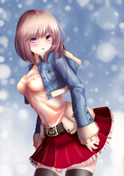 Anime picture 1013x1432 with original iltusa single tall image blush short hair open mouth brown hair purple eyes zettai ryouiki girl thighhighs skirt black thighhighs miniskirt jacket