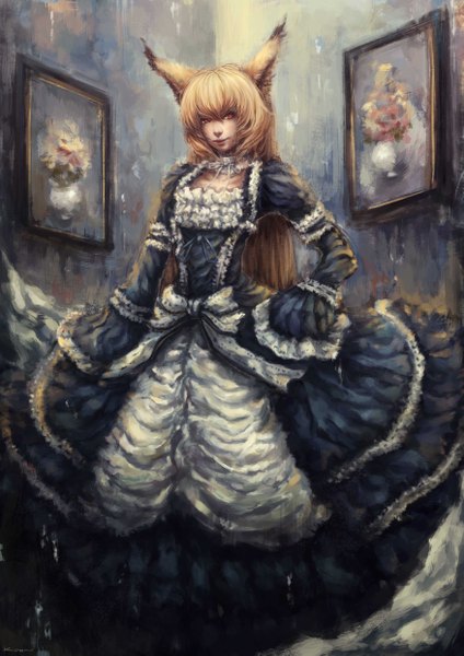 Anime picture 3508x4961 with original kuon (kwonchanji) single long hair tall image looking at viewer highres blonde hair red eyes animal ears absurdres realistic fox ears fox girl girl dress frills picture
